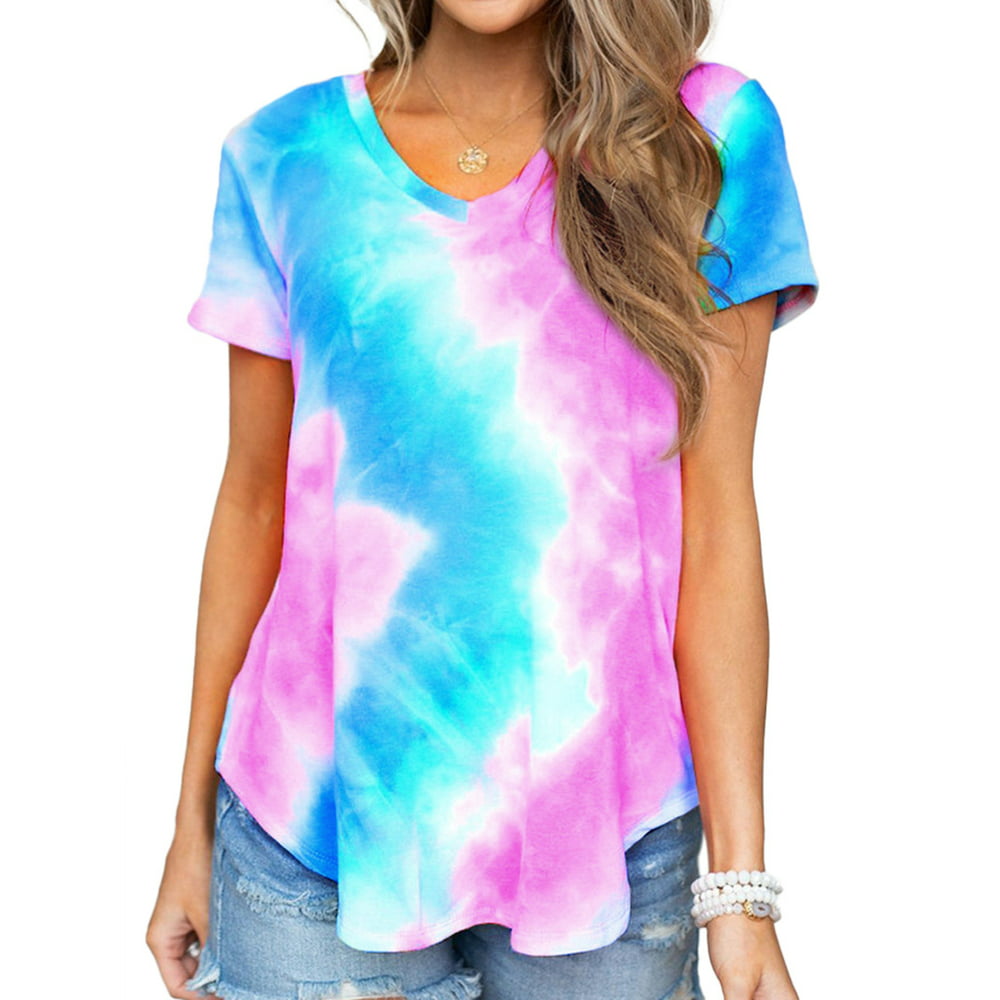 Nlife - Women Short Sleeve V Neck Tie Dyed Print Shirt - Walmart.com ...