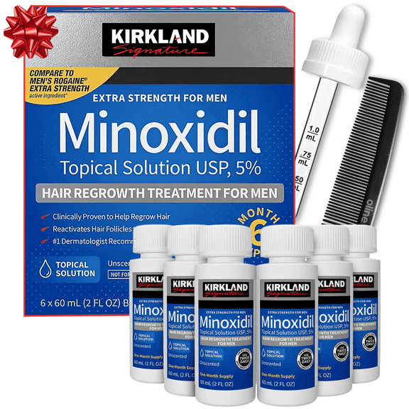 Kirkland Minoxidil 5% for Men, Topical Solution Extra Strength Hair Regrowth Treatment, 6 Months Supply, Total 12 Fl Oz, Premium Dropper Applicator, Exclusive Comb and Bonus Free Guide Included