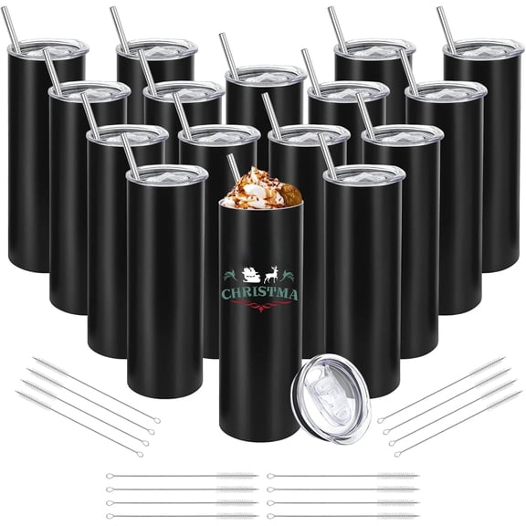 16 Pack Stainless Steel Skinny Tumblers Straight Double Wall Insulated Tumbler Bulk with Lid and Straw for, DIY Gift, 20oz Black