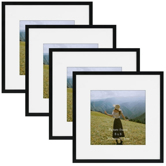 12x12 Picture Frame Set of 4, Matted to 8x8 Pictures with Mat or 12x12 Photo Without Mat, Matted Square Frames for Wall or Tabletop Display, Black