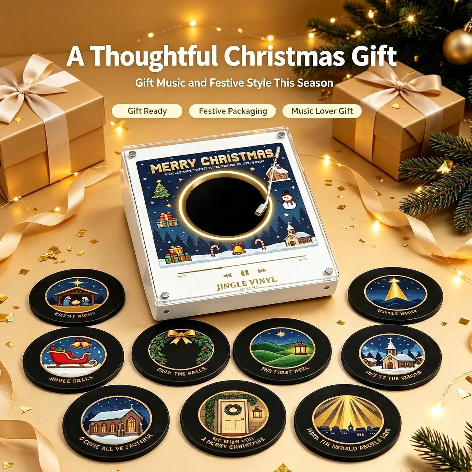 Magnetic Fridge Vinyl Music Box Christmas - Magnetic Fridge Music Player with 9 Vinyl Style Discs, Mini Christmas Vinyl Record Player for Christmas Decor and Gifting