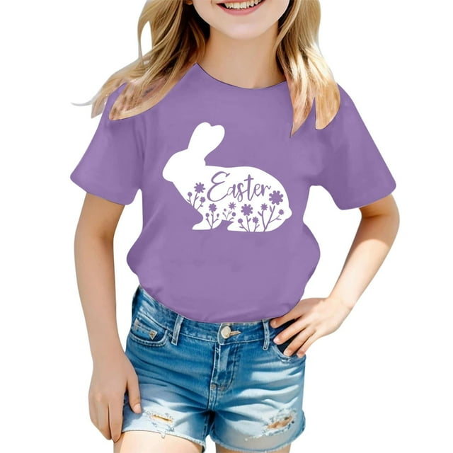 Chemises Filles Mode Décontractée Imprimé Col Rond Manches Courtes T-Shirt Hauts Filles Violet 1 An-2 Ans