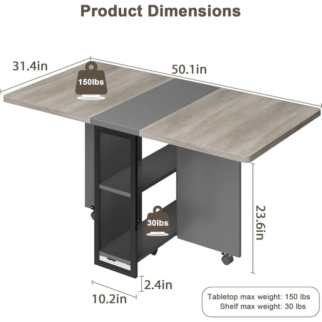 QinaQin Table à Manger Pliante Gain de Place avec 6 Roues, Noyer Foncé avec Poignée