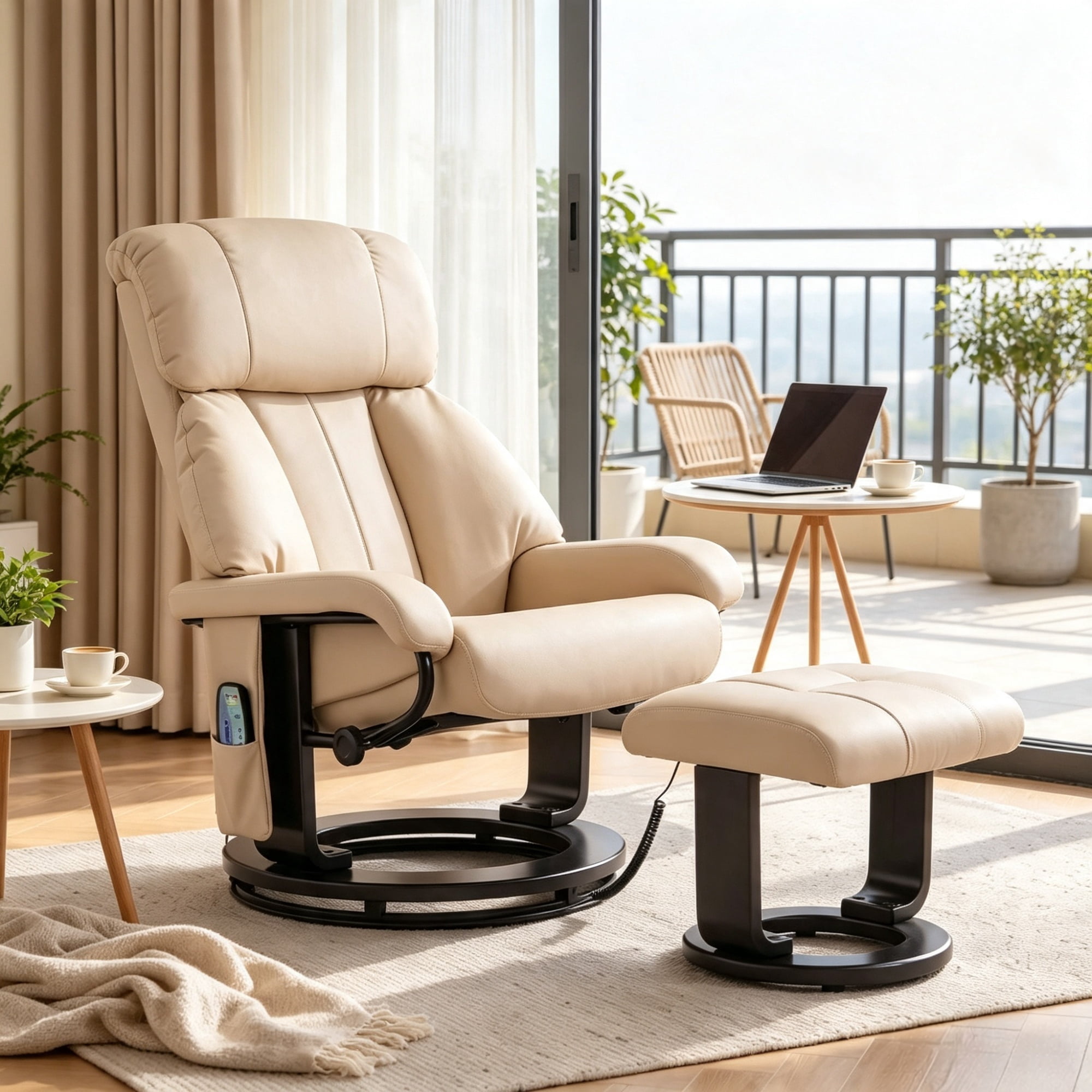360° Swivel Massage Recliner Chair, 10-Point Vibration Footstool for Living Room, Beige