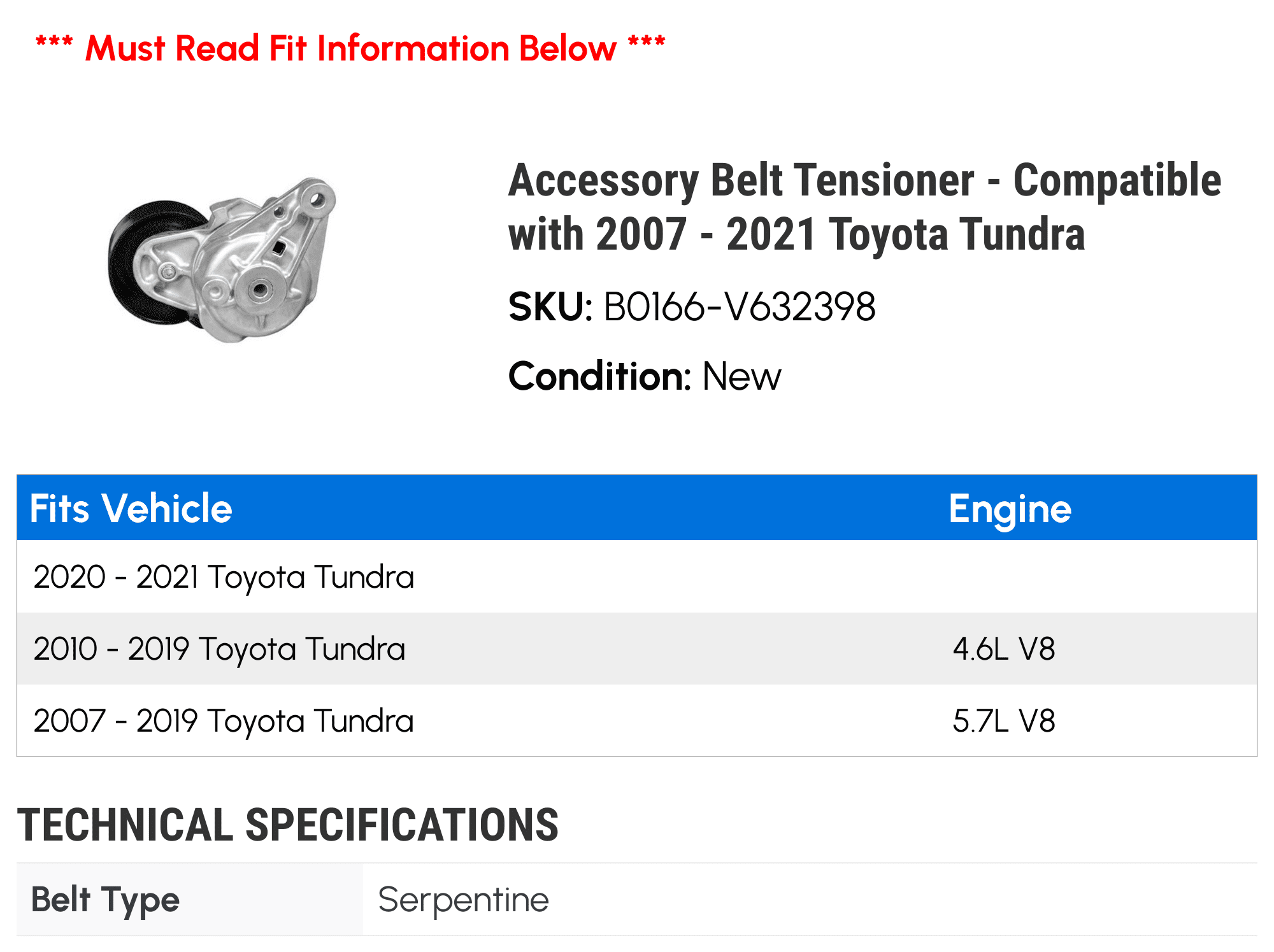 Accessory Belt Tensioner - Compatible with 2007 - 2021 Toyota Tundra 2008 2009 2010 2011 2012 2013 2014 2015 2016 2017 2018 2019 2020