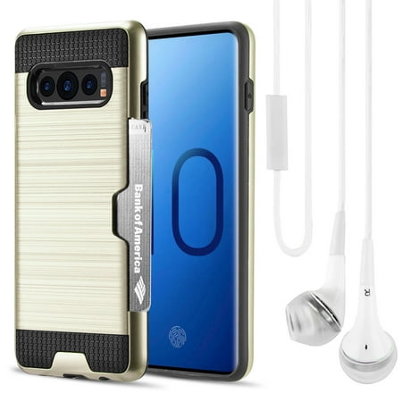 Luxury Dual Layer Hybrid Wallet Case for Galaxy S10 (Gold) w/ Credit Card ID Slot Holder & Deluxe Stereo Hands-Free Headset - Ultra Lightweight w/ Button Covers Shock Absorption Raised Lip Guard