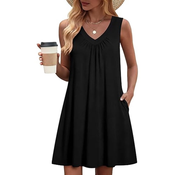 Gamivast Casual Dresses for Women Sleeveless V-Neck Pleated Summer Dress With Pockets Loose Fit Sundress Knee Length Jersey Dress Daily Home Shopping
