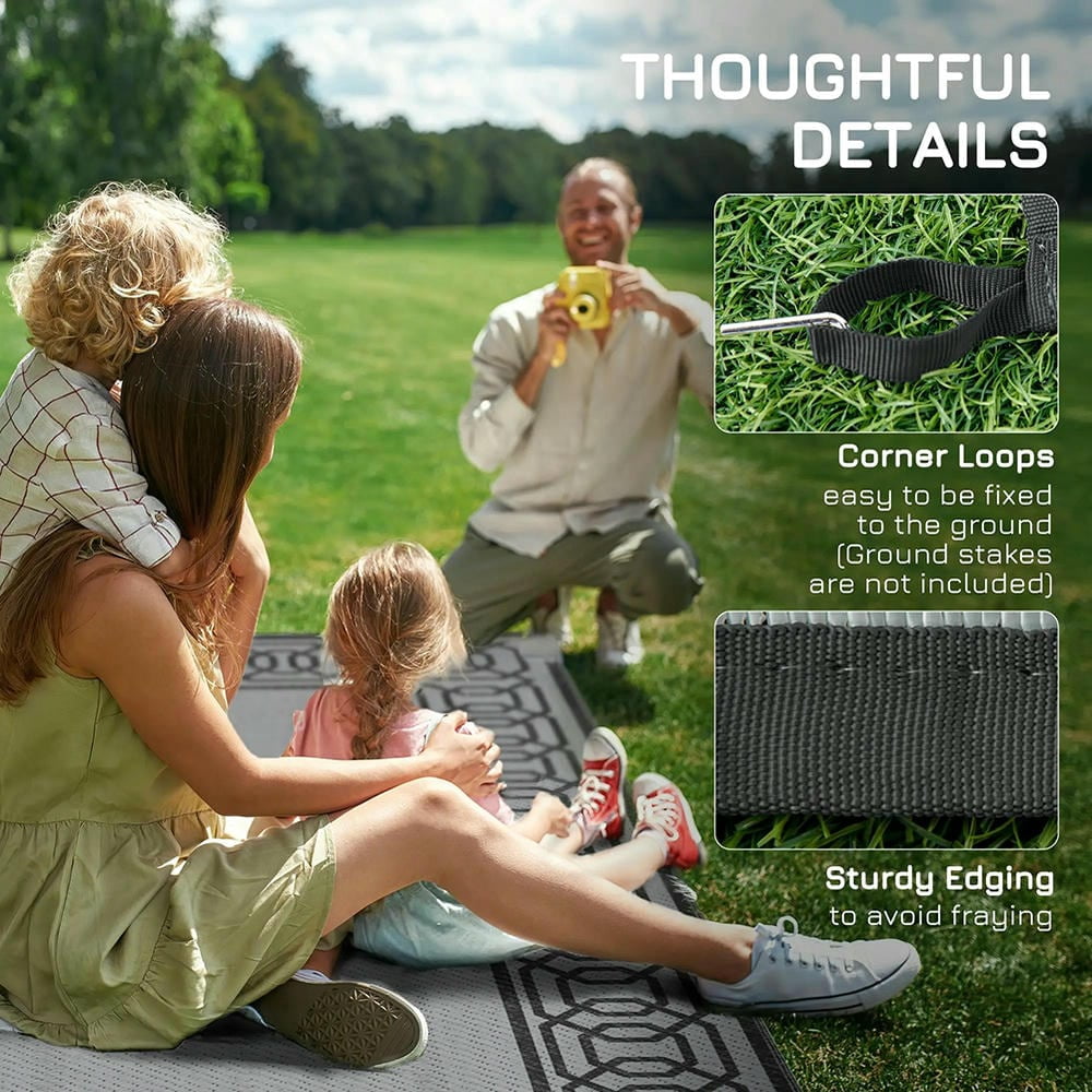 Barara King Rug,Non Slip Rugs,Indoor Door Mat,Reversible Outdoor Rug, 9'x 12' Waterproof Straw Floor Mat, Portable RV Camping Carpet, Black & Gray Border