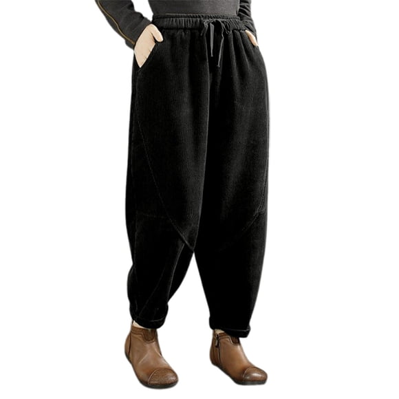HXWCHs Plus Size Mom Jeans Women's Corduroy Harem Pants Loose Fit Straight Leg Casual Trousers Sporty Joggers for Autumn Winter Comfort XXXL/5 Black