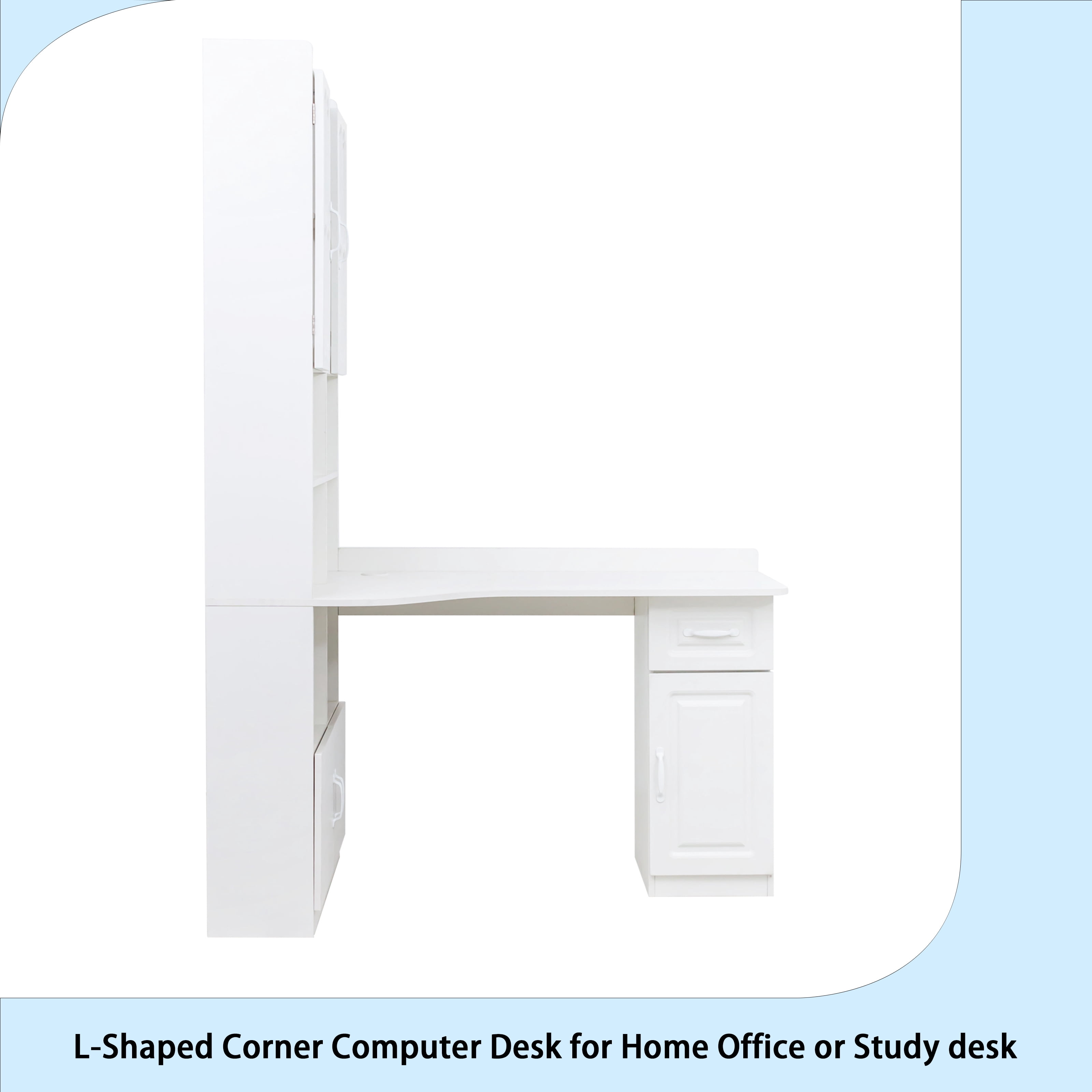 L-Shaped Corner Computer Desk for Home Office or Study desk, Study Modern Style Table with Drawers, Bookshelf & Hutch, 2-in-1 L-Shaped Design, Large Working Space,white