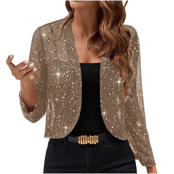 ASDFVBKG Ladies Sequin Jacket Sparkly Glitter Open Front Cropped Blazer Long Sleeve Dressy Coat Loose Jackets Khaki M
