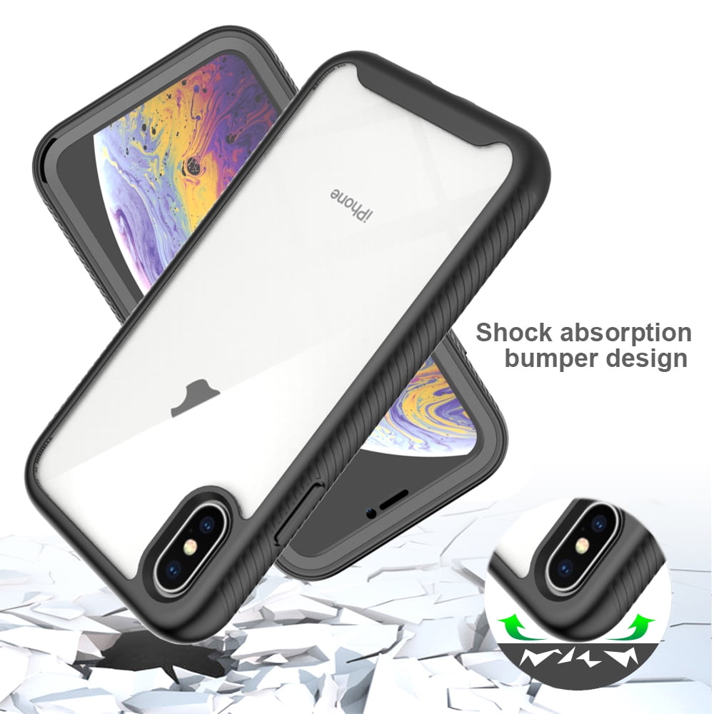 iPhone XS/X Case with Built in Screen Protector,Dteck Full-Body Shockproof  Rubber Hybrid Protection Crystal Clear PC Back Protective Phone Case Cover  for Apple iPhone XS/iPhone X,Black 