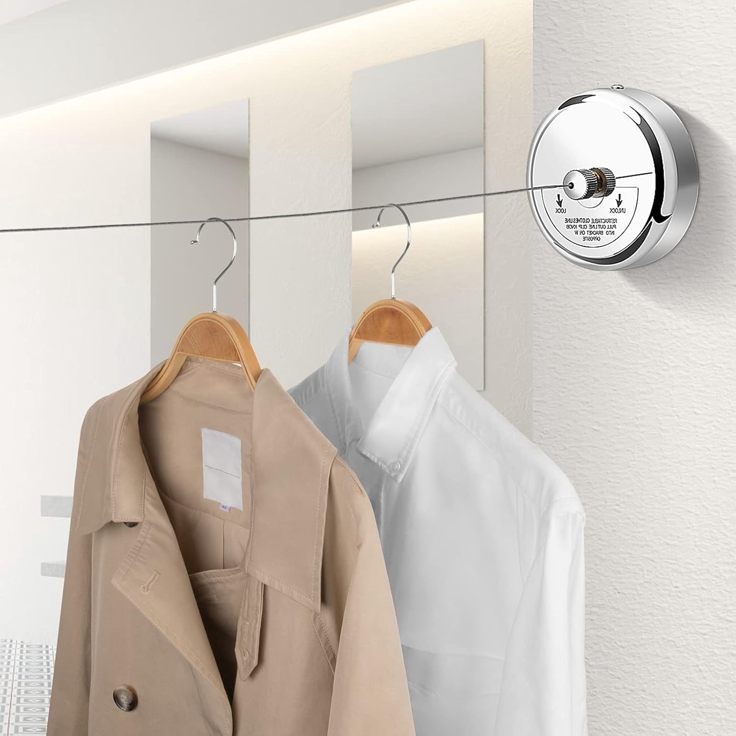 Retractable Clothesline - 304 Stainless Steel Retractable Clothesline Indoor with Adjustable Nylon Rope, Wall Mounted Retractable Laundry Line, Laundry Accessories
