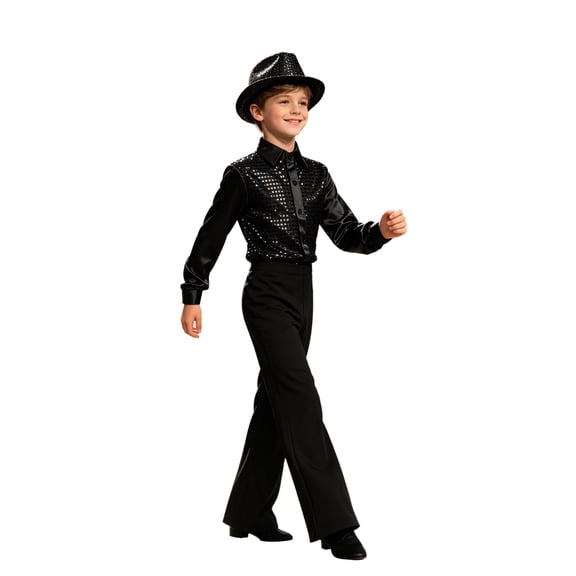 SiiRoh Kids Boys Girls Jazz Tap Dance Performance Outfit Long Sleeve Sequin Shirt with Pants Hat for Carnival School Party Stage Show Black 14
