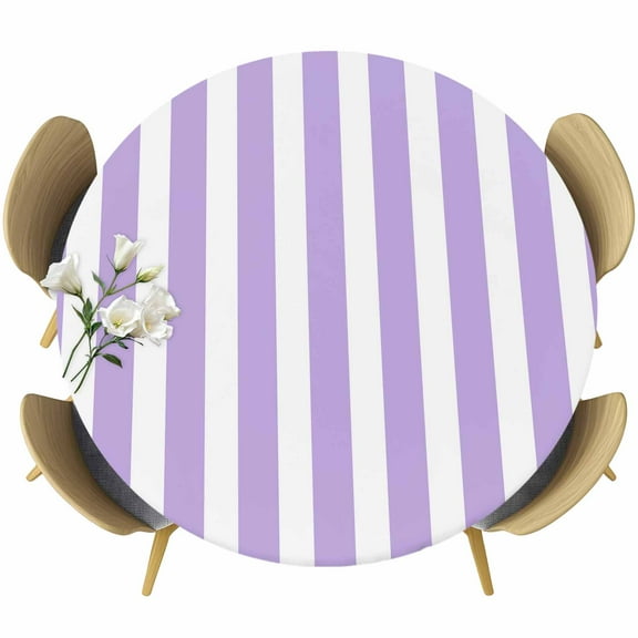Purple Striped Round Tablecloth 36-44 Inch Round Fitted Table Cloth with Elastic Edge, Modern Farmhouse Purple White Stripes Waterproof Table Cover Protector for Outdoor Picnic Party Dining