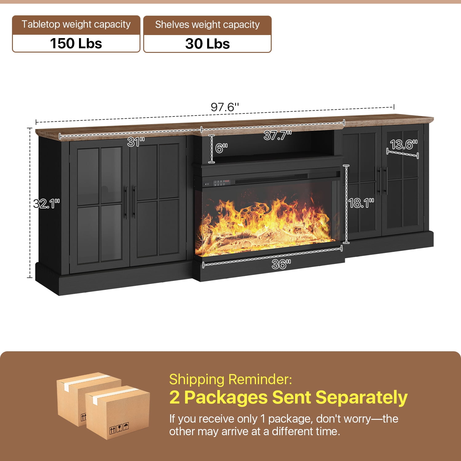 Sonegra 98" Farmhouse TV Stand with Fireplace for TVs up to 100", Media Entertainment Center with Adjustable Shelves and Large Storage Cabinets, for Living Room, Black