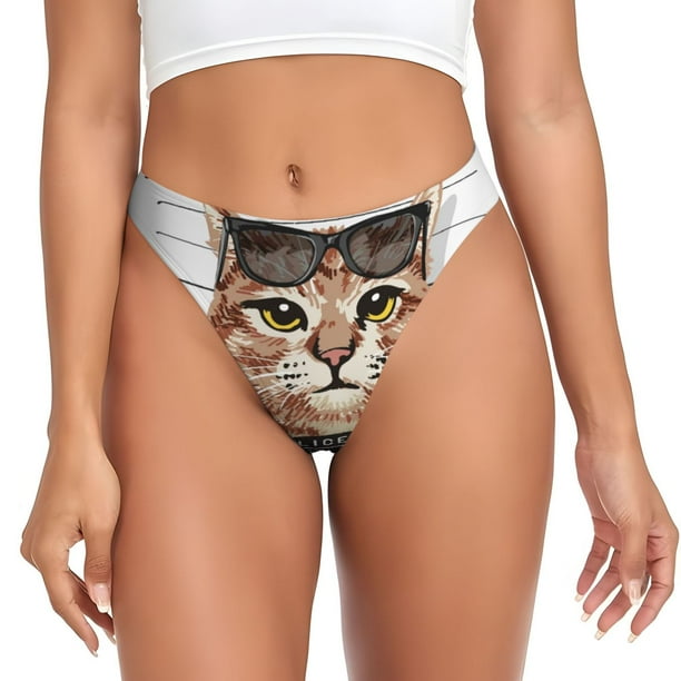 Balery Cat Holding Mugshot Sign Tangas de Algodón para Mujer con Estampado – Ropa Interior Sexy, Transpirable, G-string-X-Small