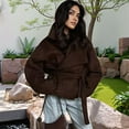 thumbnail image 4 of Female Wool Blend Pea Coat Lapel Double Breasted Winter Loose Short Button Belt Outerwear Jacket Brown S, 4 of 6