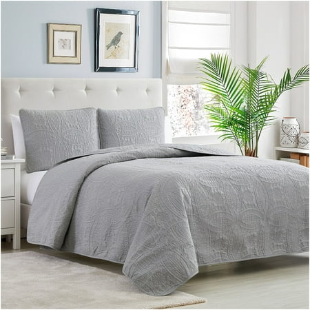 Mellanni Bedspread Coverlet Set Light-Gray - Reversible Bedding Cover - Oversized Quilt Set, 3 Piece, Full / Queen, Light Gray