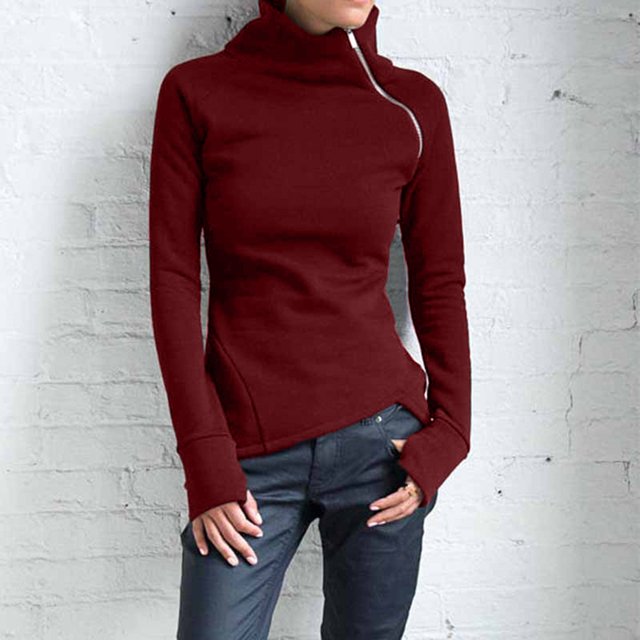 Pxiakgy blouses pour Femmes Blouse Décontractée Unie à Manches Longues Chandail Col Roulé Chandail à Fermeture Éclair + US:14