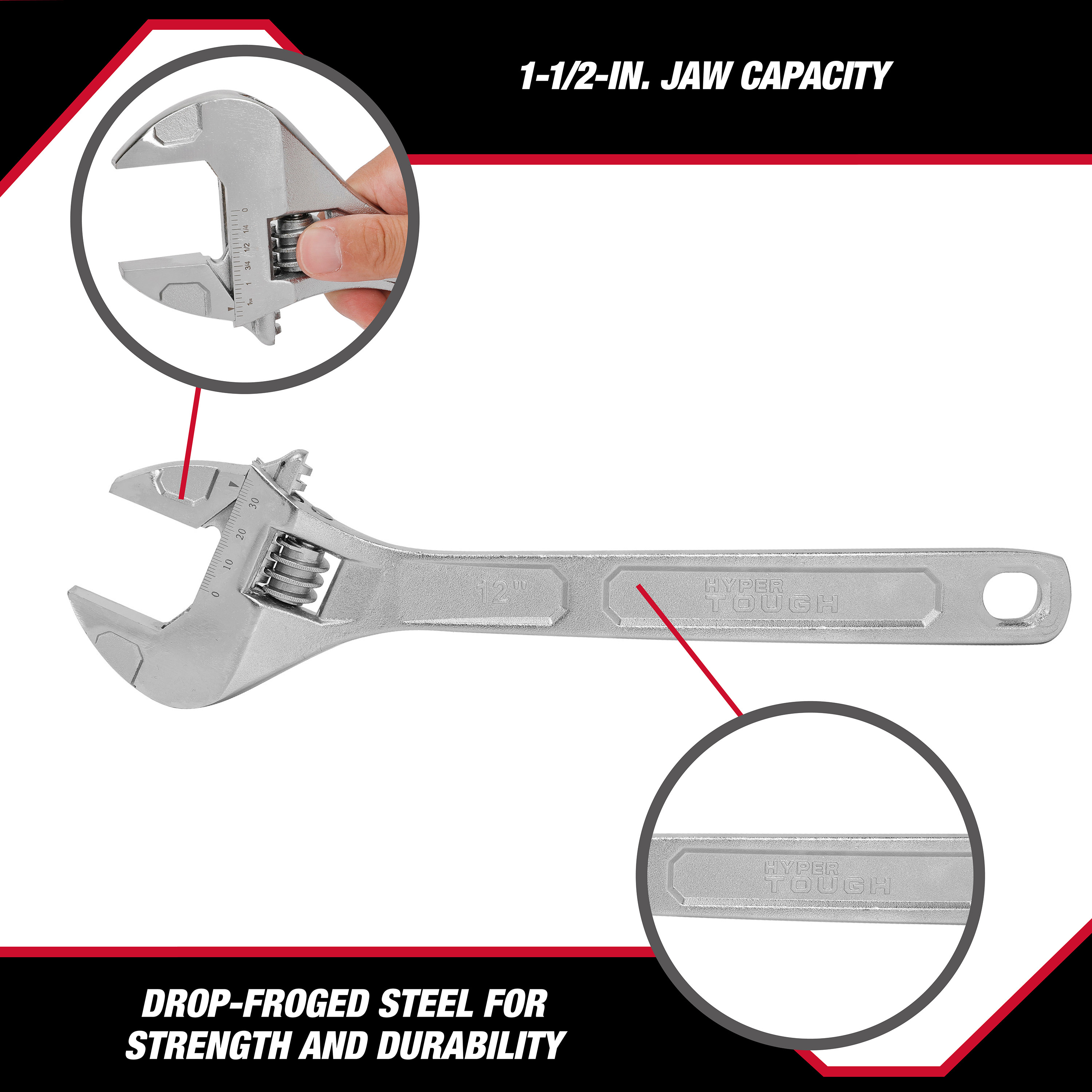 Llave ajustable Hyper Tough de 12 pulgadas, capacidad de mandíbula de 1-3/4 pulgadas 3