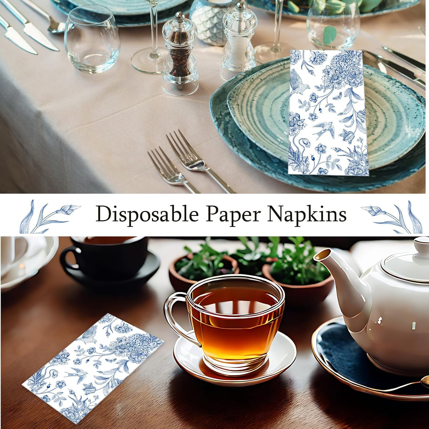 200 Pcs Blue Floral Paper Napkins Disposable Hand Towels for Bathroom Guest Decorative Napkins Paper for Bathroom Shower Toilet Powder Room Holiday Wedding Bridal Tea Party