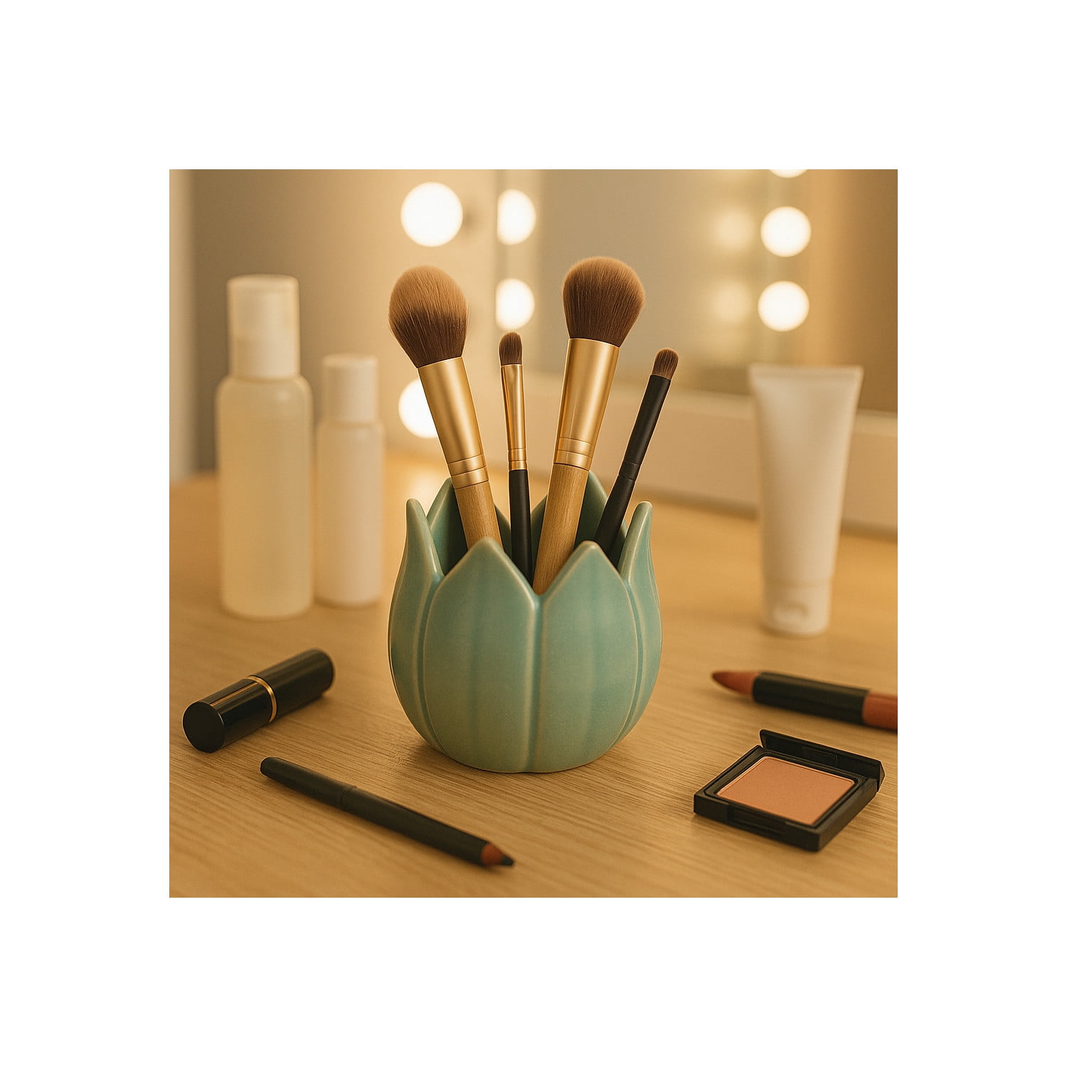 Decorative Ceramic Tulip Desk Organizer for Home Decor - Cute Office Accessory Decor for Small Desk Storage or Workspace Supplies - Stylish Destop Organizer for Bedroom or Bathroom - 4", Green