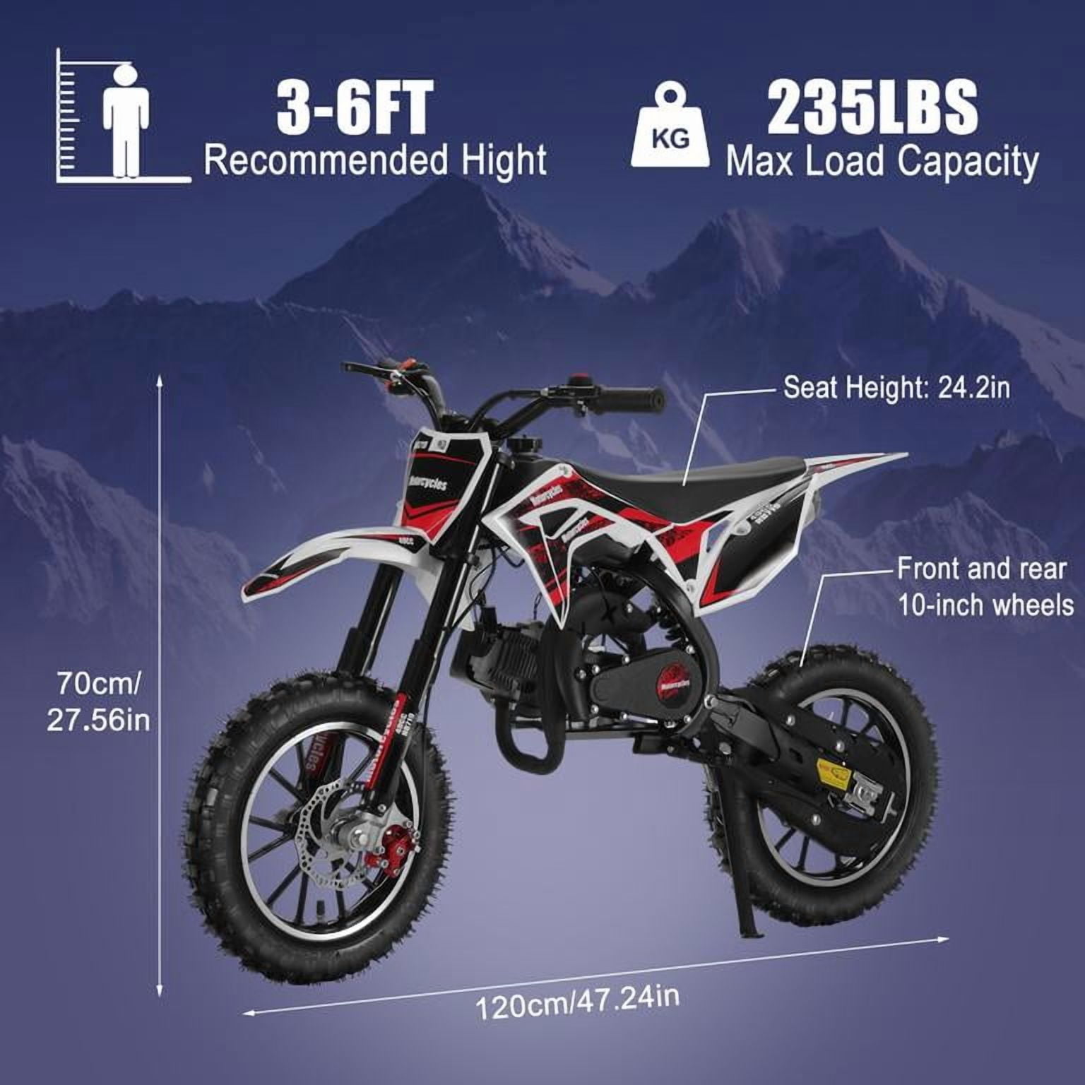 Korogimeeet Black 49cc 2-Stroke Gas Mini Dirt Bike, Upgraded Rear Fork Spacer Reduces Chain Drop, Disc Brakes, 10 Inch Tires, 40KM/H, 150kg Load, 47 x 28 Inch