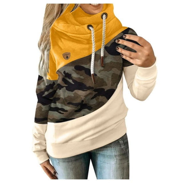 pxiakgy Sweat à Capuche long Manches Décontracté Contraste camouflage pour Femmes Jaune l