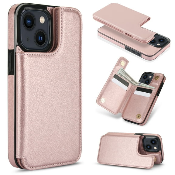 Double Magnetic Clasp Case for iPhone 14 Plus, Lychee Grain Design Leather Detachable 2-In-1 Wallet Case, Support Wireless Charging Kickstand Card Credit Holder RFID Blocking Cover,Rosegold