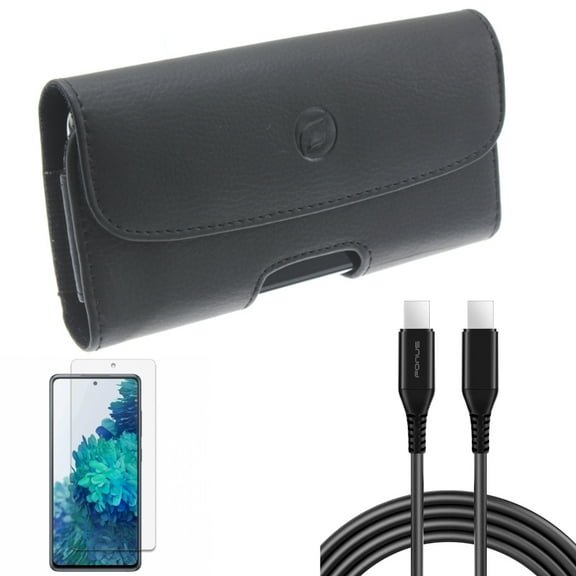 10ft Long USB-C Cable & Screen Protector & Case Belt Clip for Samsung Galaxy S20 Fan Edition - PD Fast Charger Cord Power   Anti-Glare Tempered Glass   Leather Holster Combo