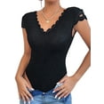 thumbnail image 4 of hirigin Women Slim One Piece Bodysuit, Lace Flower Jacquard Flying Sleeve Deep V-neck Jumpsuit for Party Club, 4 of 7