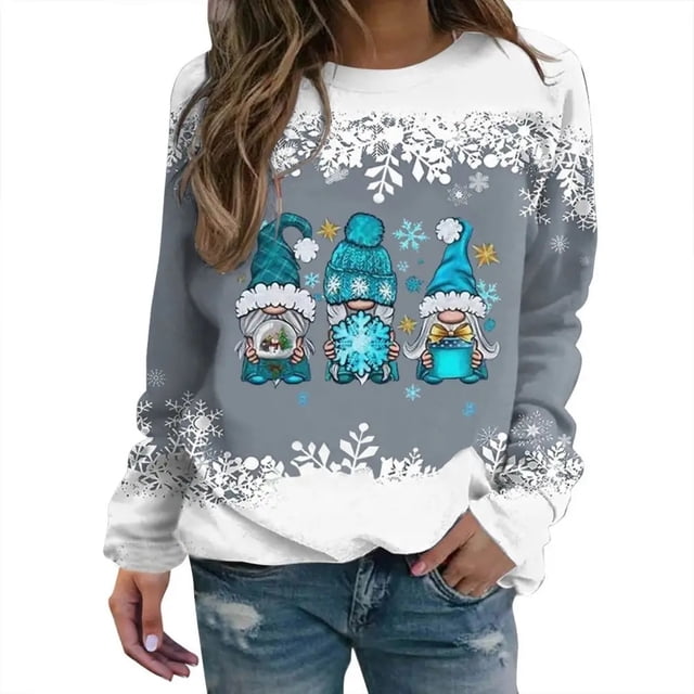 New Christmas Moose Print Ladies T-shirt Cotton Kawaii Cartoon Style Sweater Autumn O Neck Oversized Long Sleeve Female Pullover