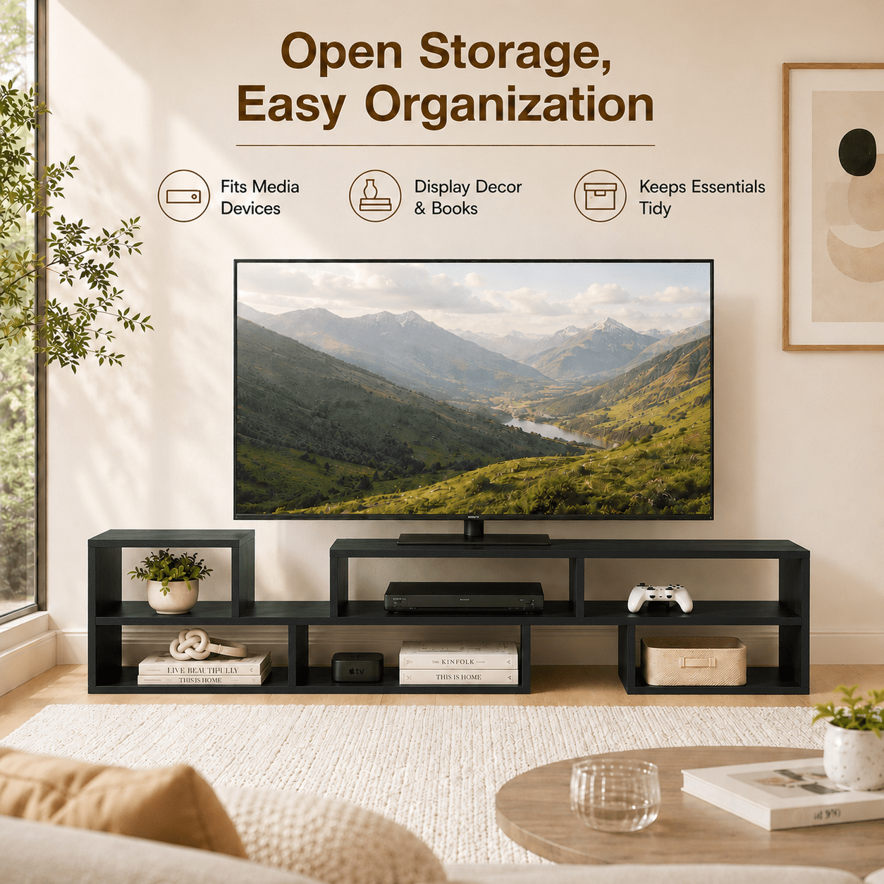 Aukfa Modular TV Stand for TVs up to 75",Free Combination Entertainment Center with Open Storage Shelves,Black