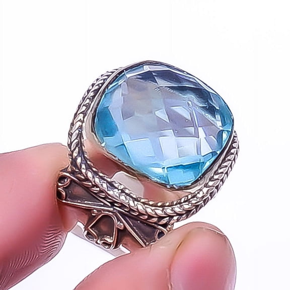 Blue Topaz 925 Sterling Silver Bali Ring Size 7|Handmade Ring, Gift for her, Aqua Ring, Gemstone Silver Jewelry