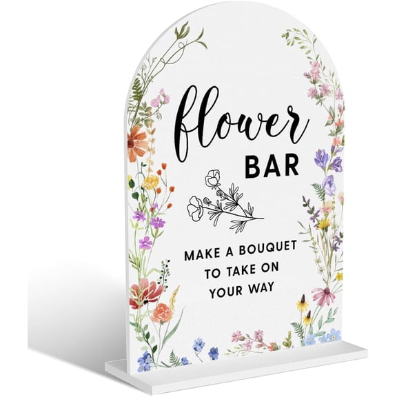 Acrylic Wedding Signs, Flower Bar Signs for Marriage Reception, Flower Bar Desk Decor, Modern Arched Round Top Acrylic Table Top Sign with Holder for Wedding Reception Party