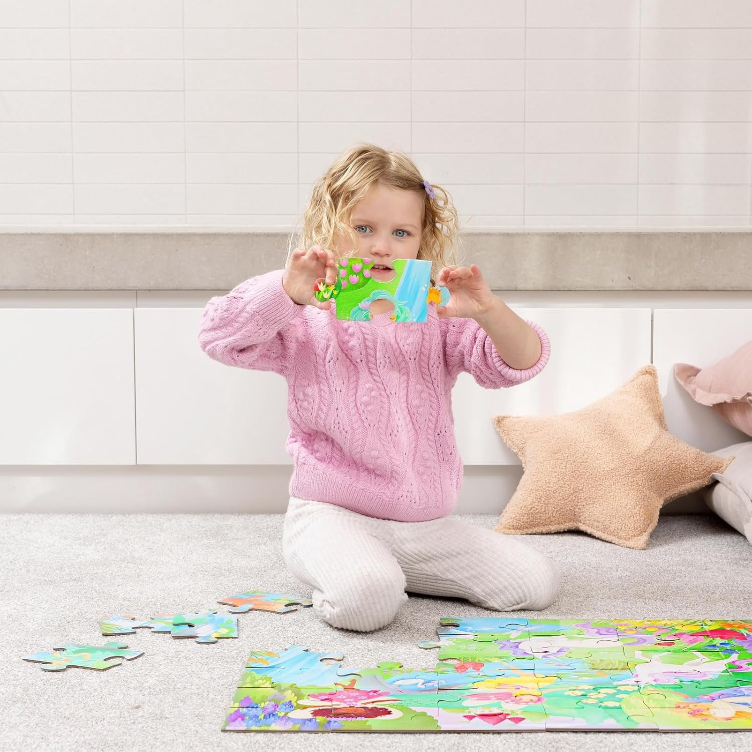 Crocodile Creek 36-Piece Jigsaw Floor Puzzle - Fun Floor Puzzles for Kids Ages 3-5 - Heavy-Duty Shaped Box for Storage - Magical Friends - 27" W x 20" H Finished