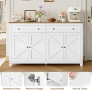 Homfa Farmhouse Kitchen Sideboard, 4-Doors 2-Drawers Wood Buffet Cabinet with Adjustable Shelves, White