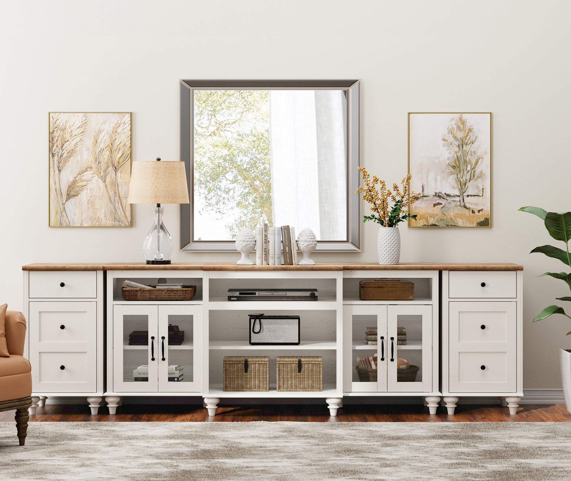 WAMPAT Large TV Stand for 100 Inch TV, TV Console Table with Charging Station for Living Room, Off White