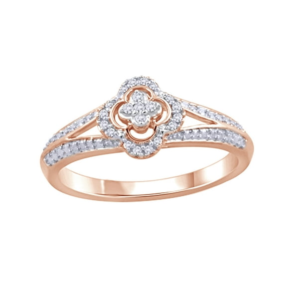 Round Cut White Natural Diamond Accent Clover Frame Split Shank Ring in 14k Rose Gold