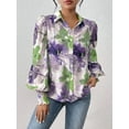 thumbnail image 5 of Women'S Floral Dressy Casual V Neck Button Down Shirts Lantern Long Sleeve Boho Chiffon Fall Tops Purple-Green S, 5 of 7
