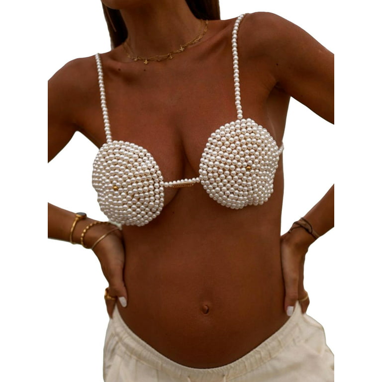 SUNSIOM Pearls Beaded Crop Top for Women Pearl Body Chain Bra Tanks  Sleeveless Spaghetti Strap Camis Vest Party Clubwear 