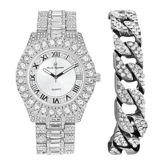 CHARLES RAYMOND Big Rocks Fully Iced Out Diamond Mens Watch w/Easy Read Date & Day - Designer Hip Hop Blinged Out Timepiece - ST10535 (ST10537-RN Silver -C)