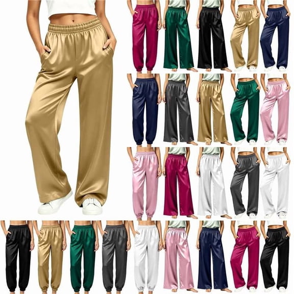 DIOAZUD Women's Satin Pajama Pants Elastic Waist Silky Lounge Trousers Wide Leg Sleepwear Solid Color Comfy Pj Bottom