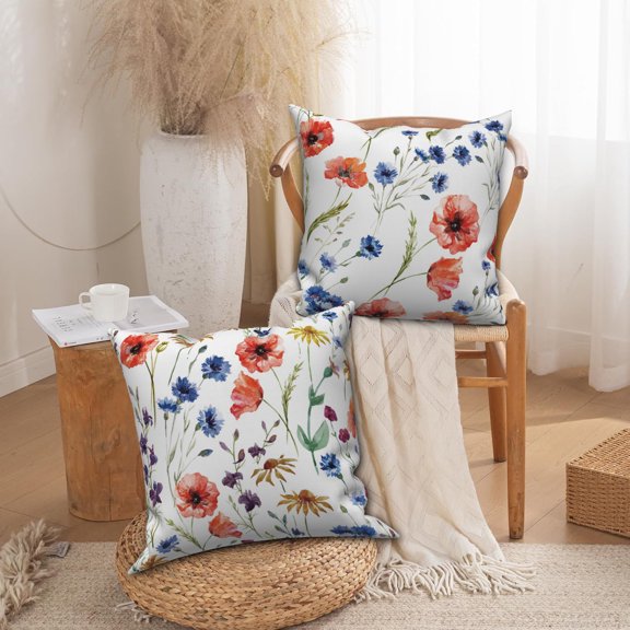 Rustic Floral  Pillow Covers Set of 2 Orange and Blue Pillowcases Spring Summer Decor for Couch Home Decor,18"x18"