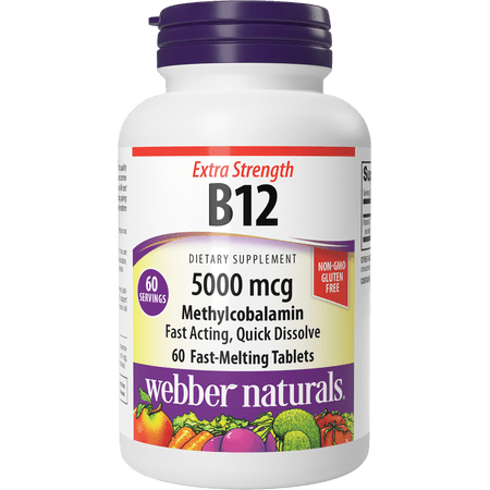 Webber Naturals Vitamin B12 5,000 mcg, 60 Fast-Melting Quick Dissolve Tablets, Supports Energy Production and Metabolism, Gluten Free, Non-GMO, Vegetarian