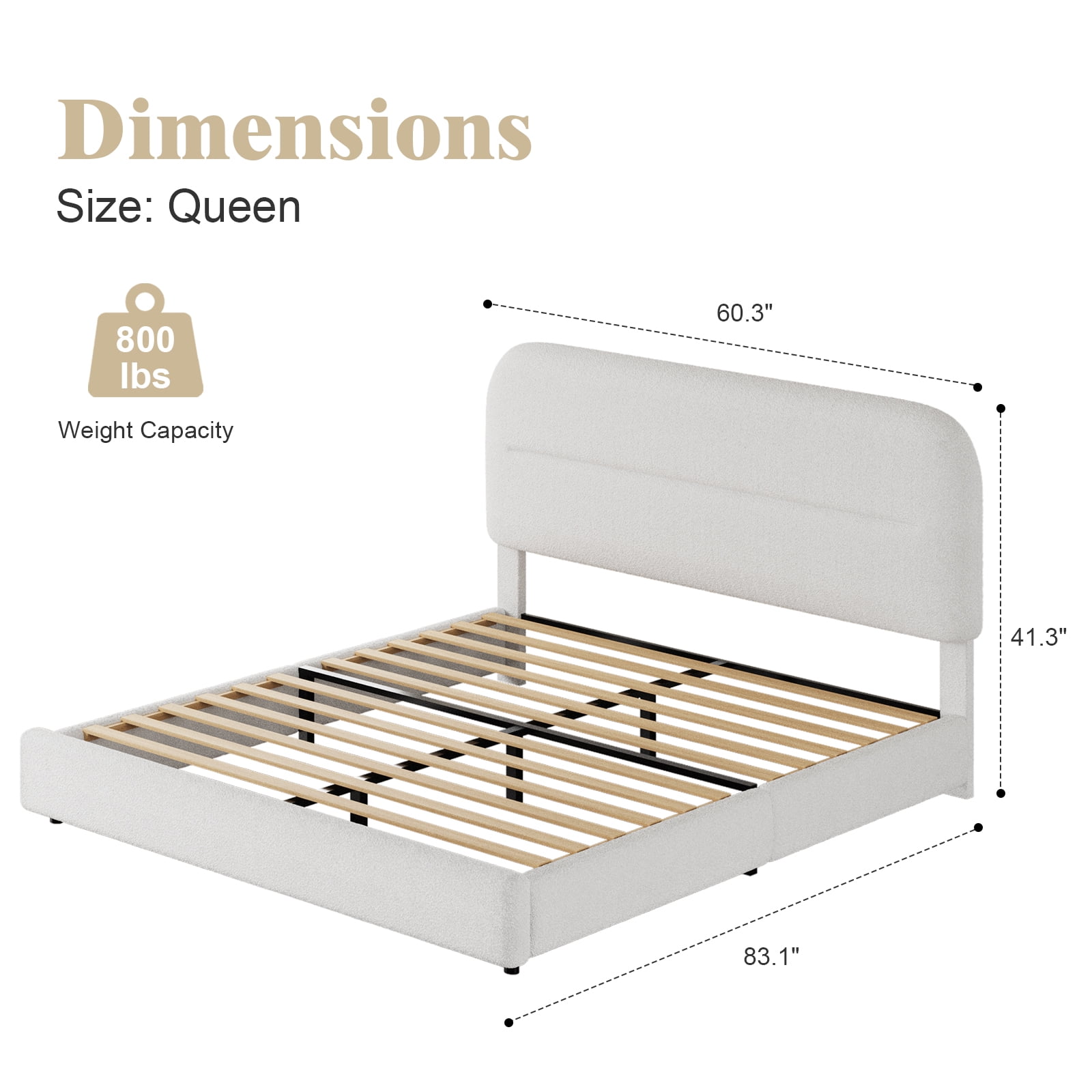 4 Ever Winner Modern Boucle Upholstered Queen Bed Frame with Headboard, Rounded Corners, No Box Spring Needed, White