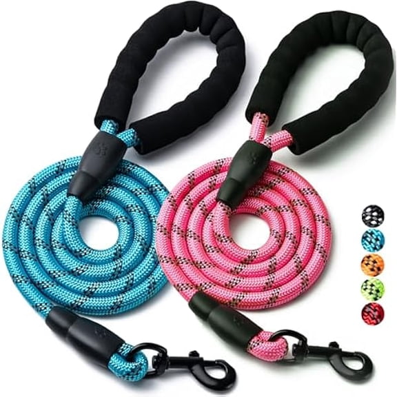 Eryueer 2 Pack Dog Leash, 4/5//6 FT Heavy Duty Nylon Rope Pet Leashes with Comfortable Padded Handle, Reflective Dog Leashes for Small Medium and Large Dogs (6FT-3/8,Blue/Pink)