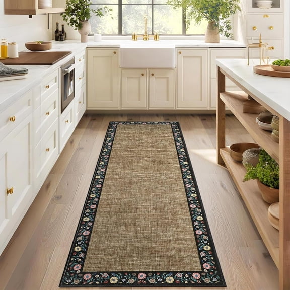 Entryway Rug 2x6 Modern Bordered Runner Rug Washable Kitchen Runners for Hallway Non-Slip Low-Pile Soft Carpet Floral Print Bathroom Mat for Bedroom Laundry Room, Brown