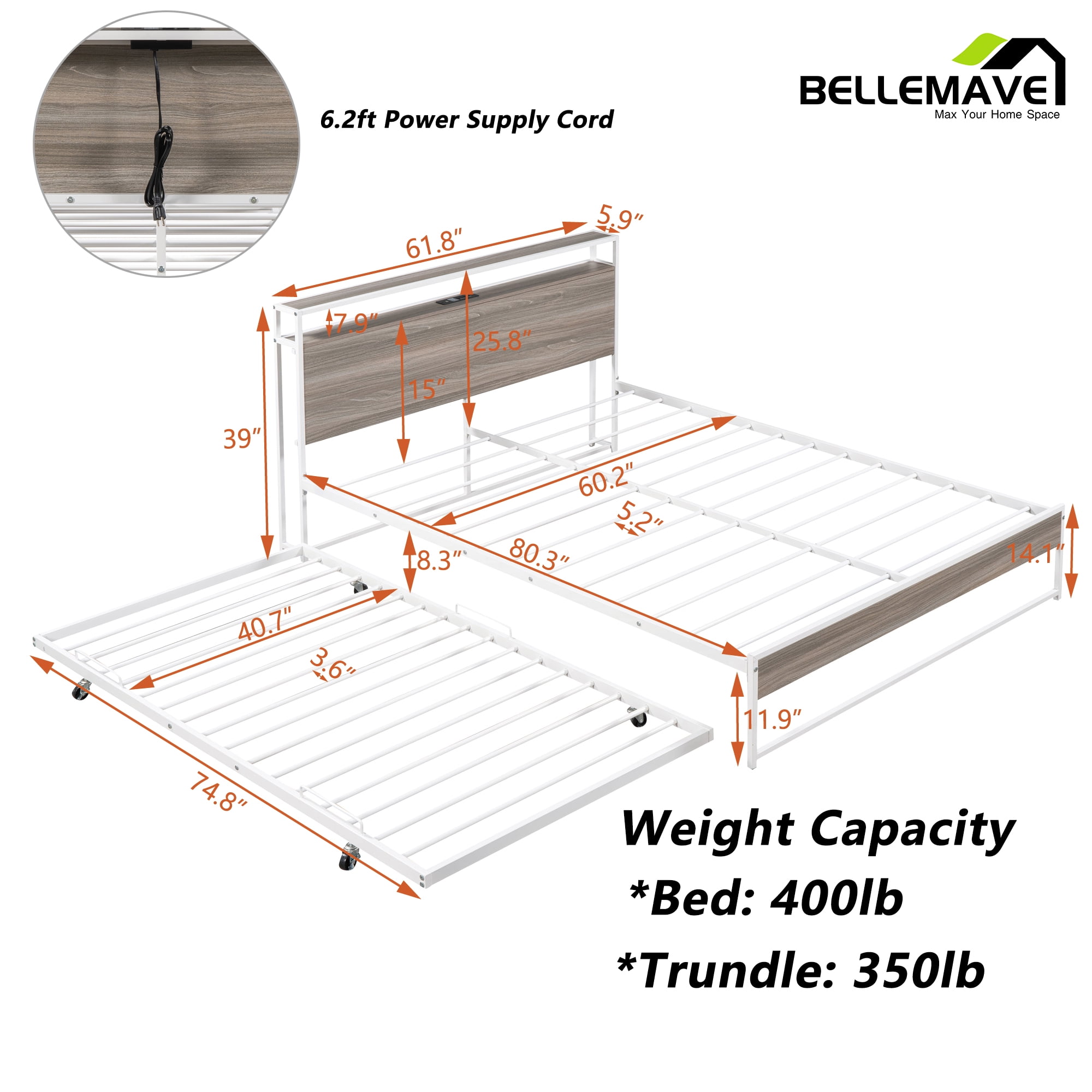 Bellemave Queen Platform Bed Frame with Twin Size Trundle, Usb Ports and Storage Shelf, Metal Queen Bed Frame with Headboard, Noise-Free, No Box Spring Needed(White)
